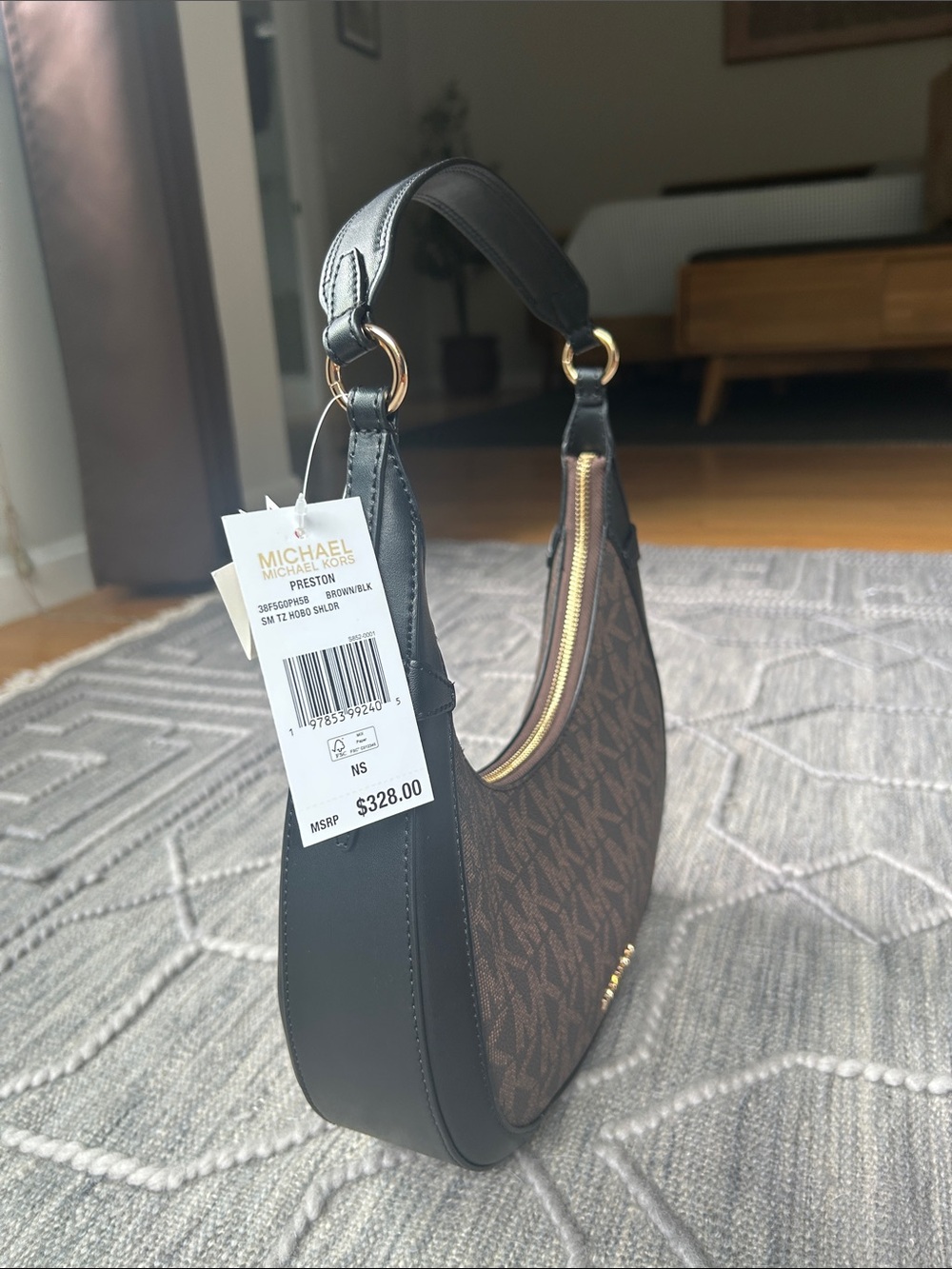 Michael Kors Preston Small Hobo Crescent Shoulder Bag in Brown MK Coated Canvas